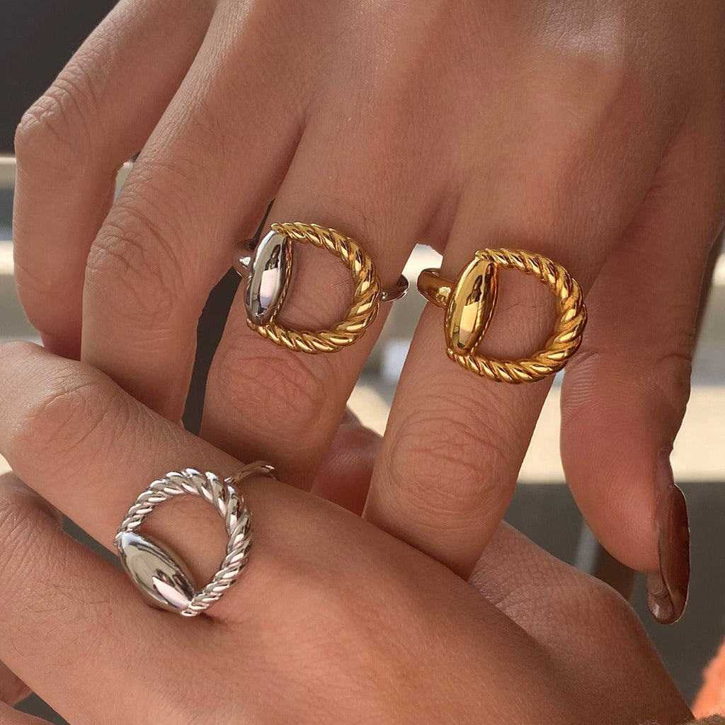 18K gold geometric shape with texture design trendy open ring