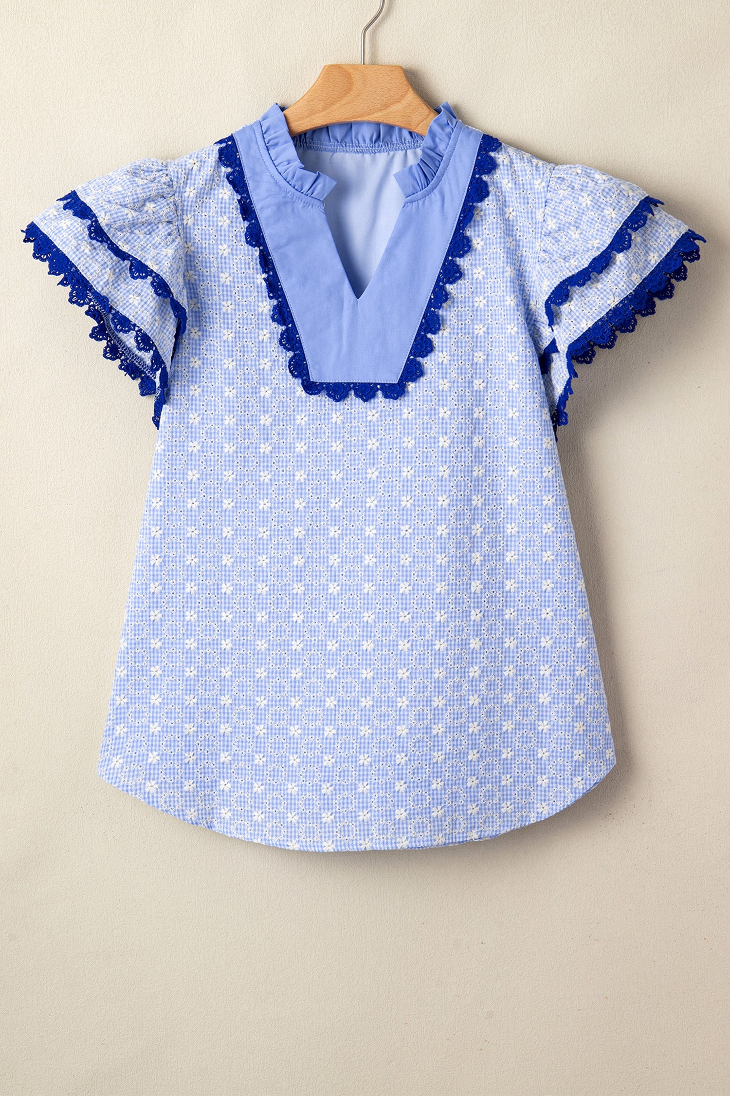 Beau Blue Eyelet Embroidered Flower Texture Contrast Lace Trim Flutter Sleeve Blouse