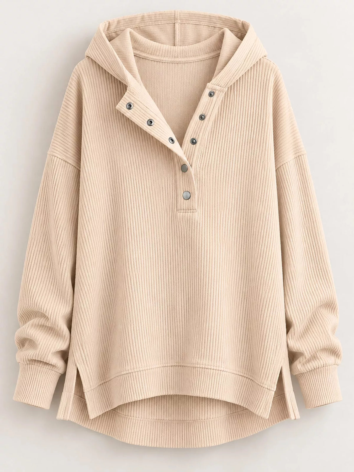 Full Size Snap Button Placket Dropped Shoulder Hoodie Plus Size
