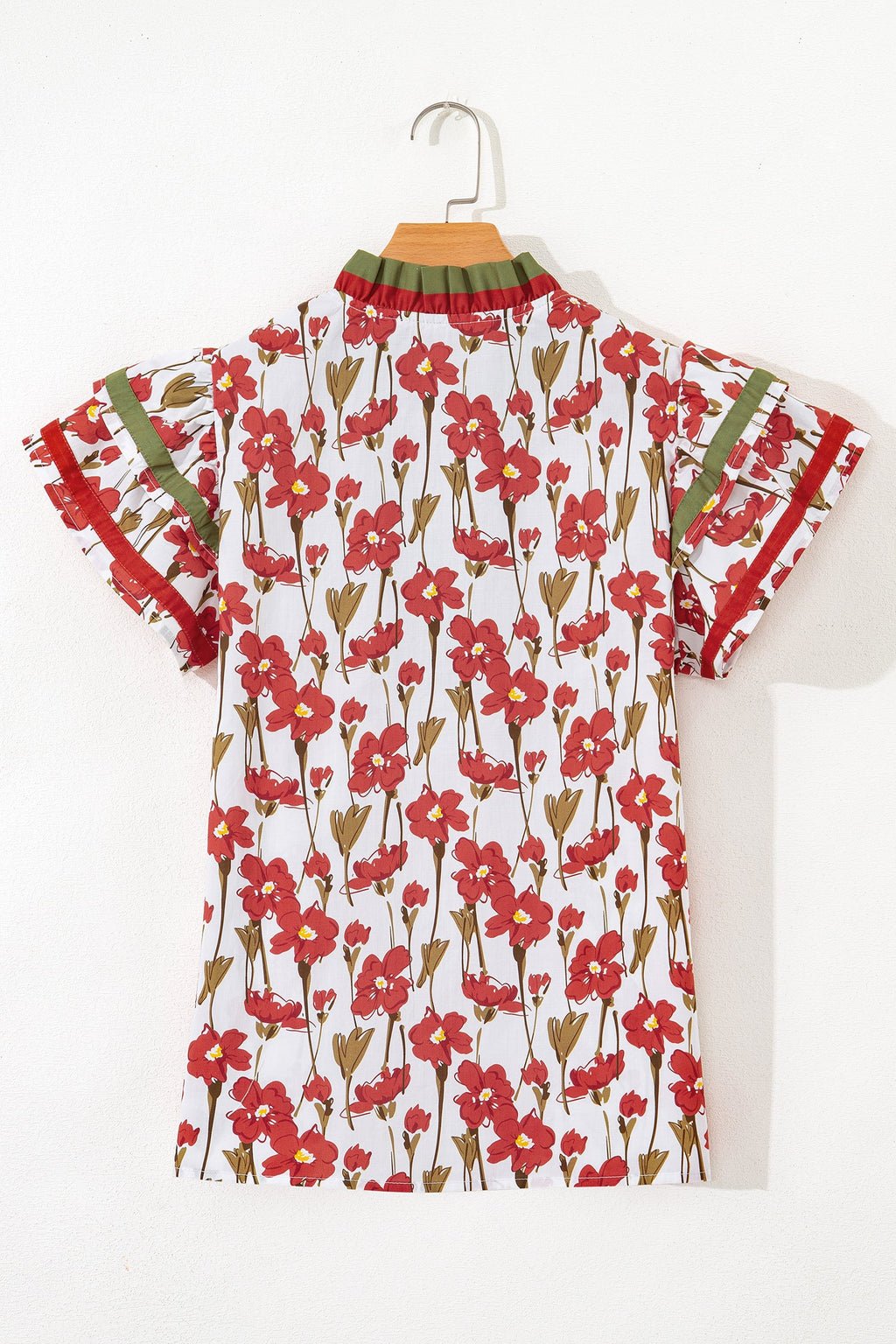 Red Floral Print Contrast Trim V Neck Double Ruffled Short Sleeve Blouse