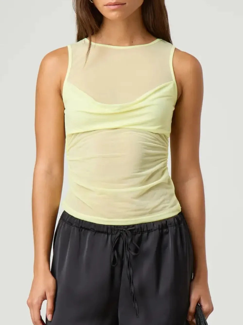 Semi-Sheer Ruched Round Neck Tank Top