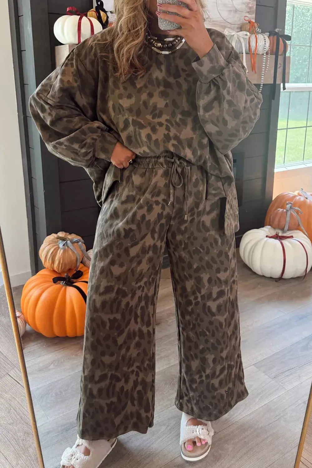 Leopard Print Long Sleeve Top and Pants Set