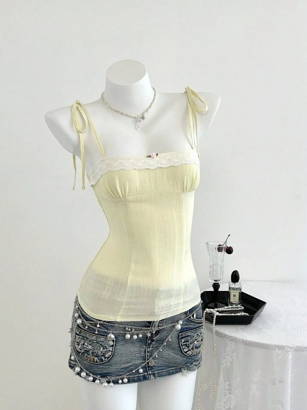 Lace-Trimmed Tie Shoulder Cami