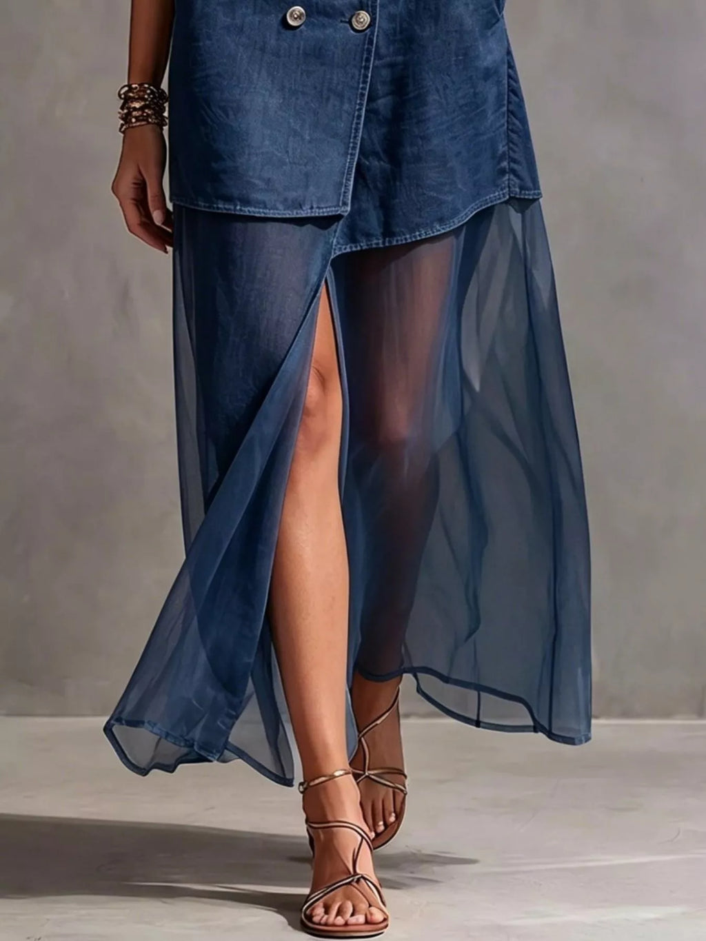 Sleeveless Double-Breasted Denim Maxi Dress