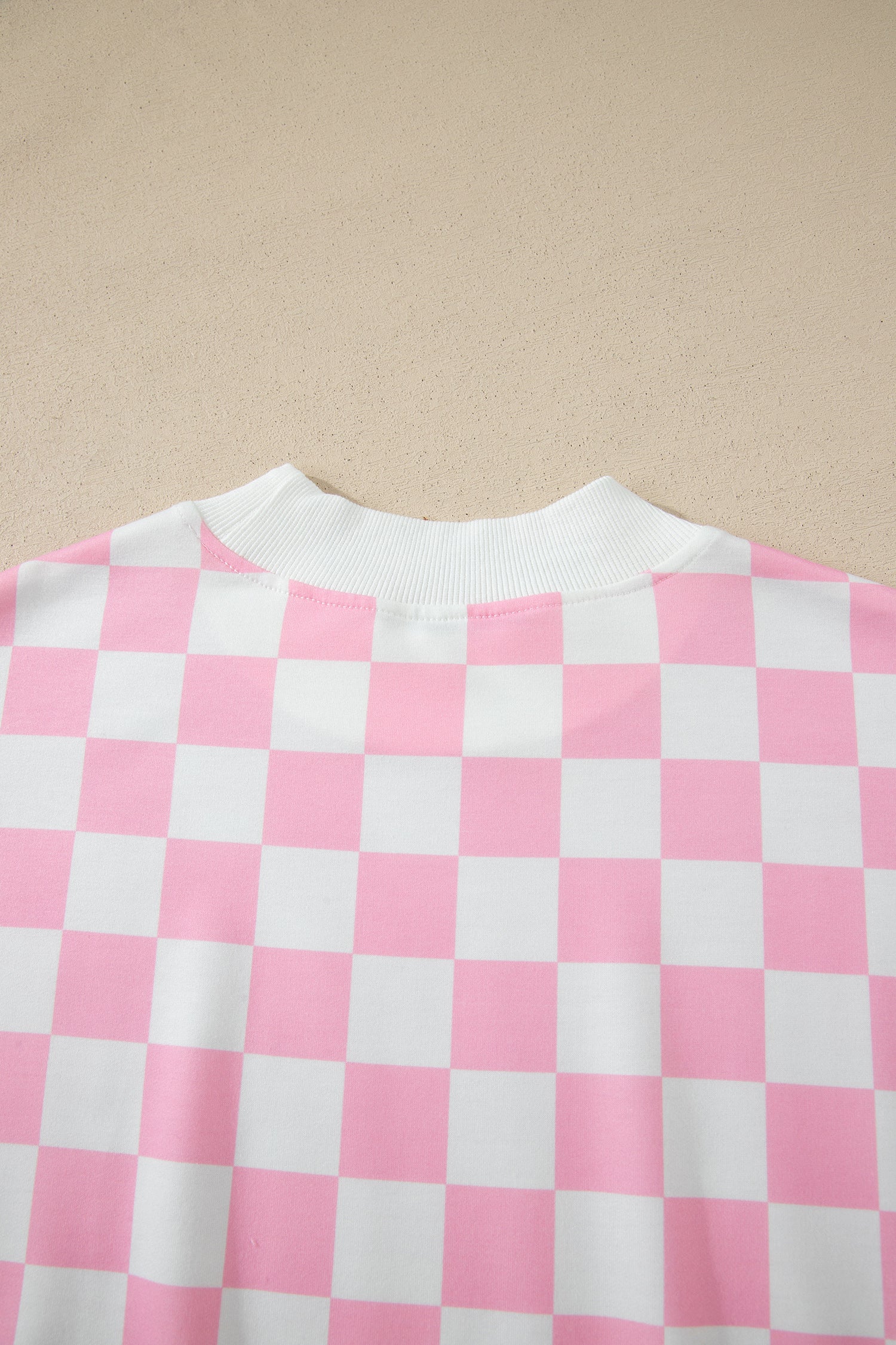 Pink Checkered Print Color Block Trim Mock Neck Short Set