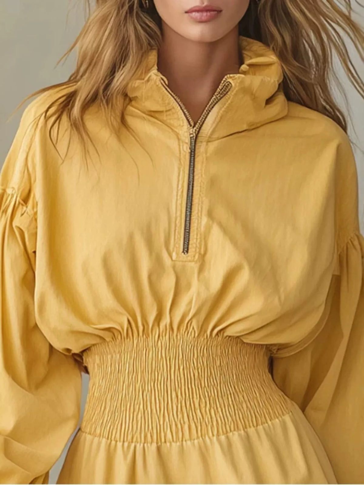 Quarter-Zip Smocked Waist Mini Dress