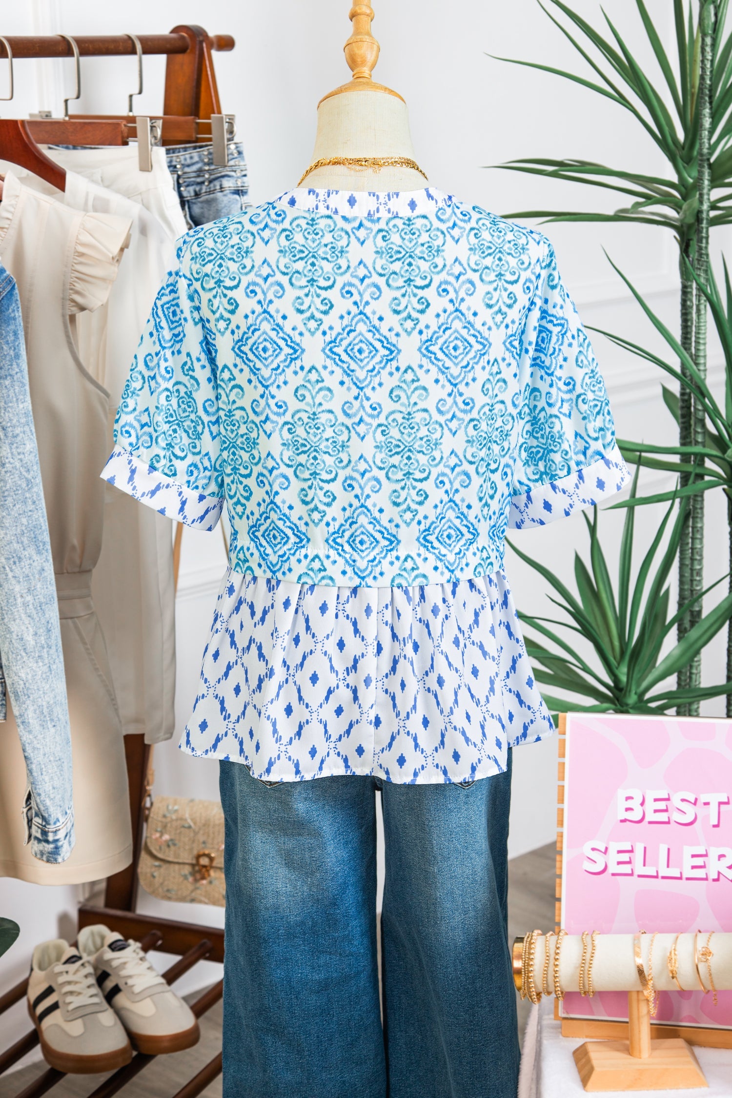 Sky Blue Boho Floral Geometric Patchwork Short Puff Sleeve Babydoll Blouse