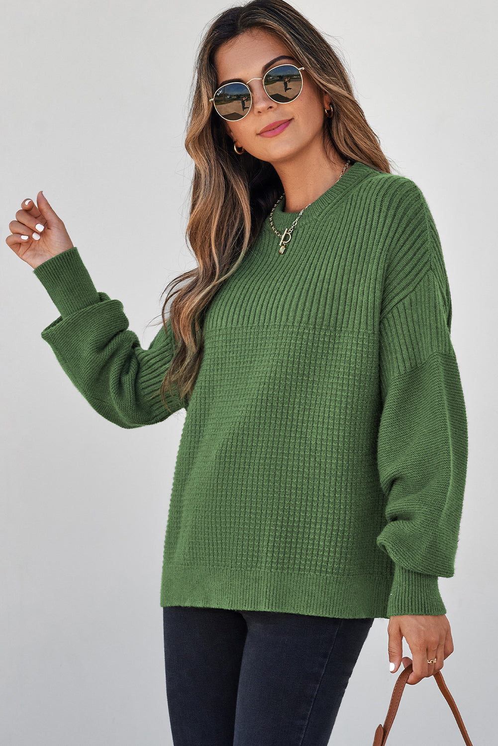 Solid Textured Knit Crewneck Sweater