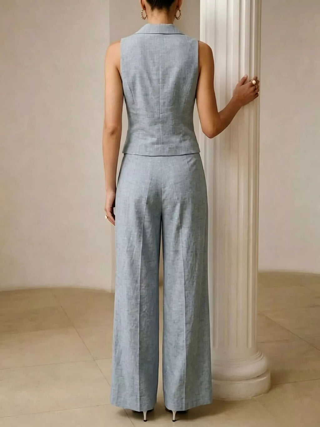 Full Size Sleeveless Blazer and Wide-Leg Pants Set Plus Size