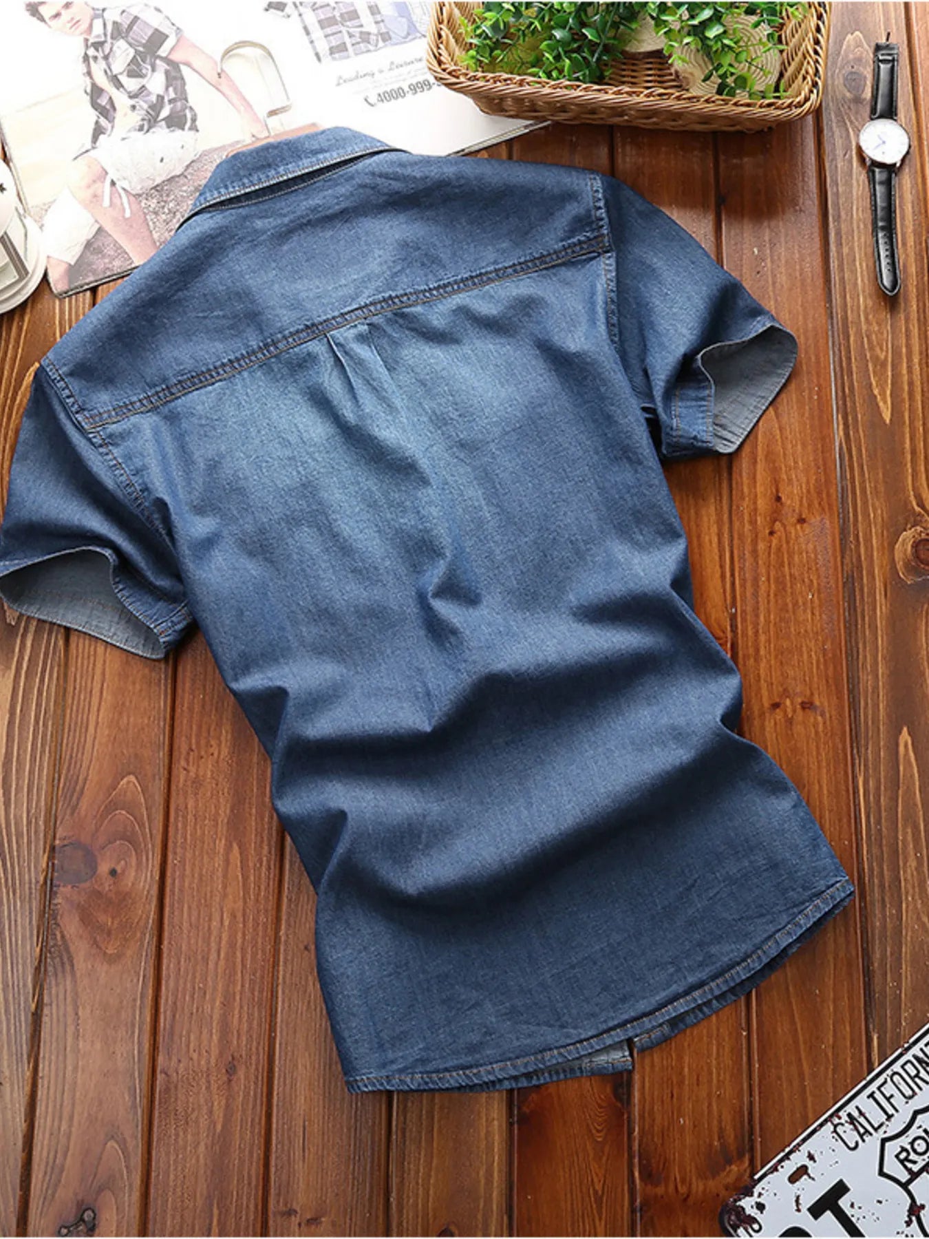Men's Full Size Casual Short Sleeve Denim Shirt with Pockets Plus Size