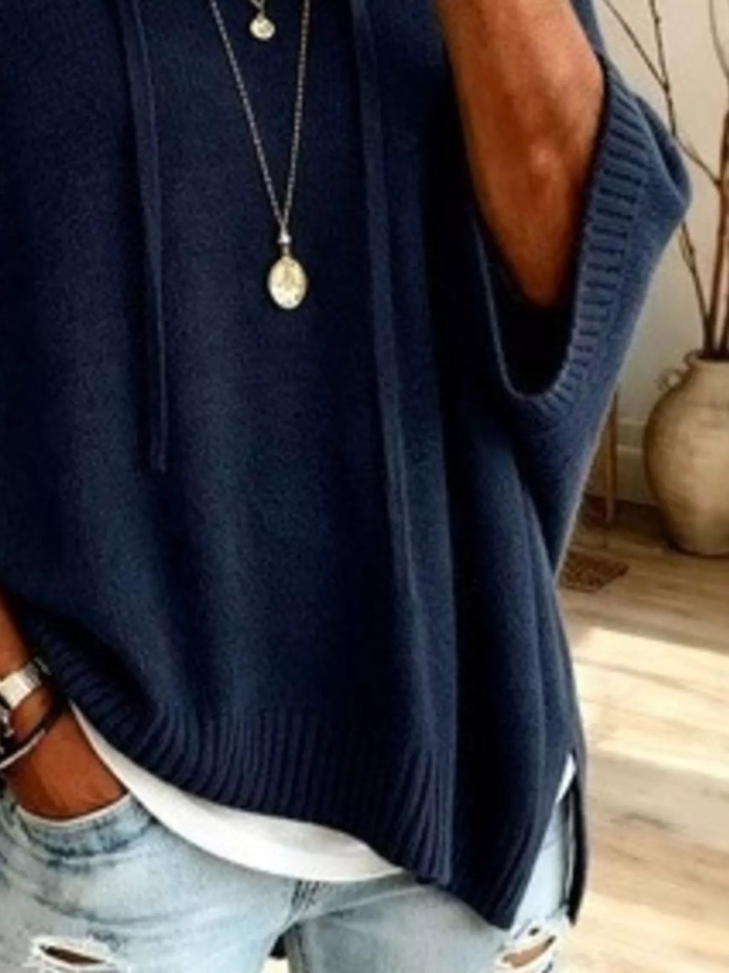 Casual Loose Fit Hooded Knit Sweater with Ribbed Hem