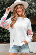 White Floral Dotted Mixed Print Patchwork Sleeve High Low Casual Sweatshirt