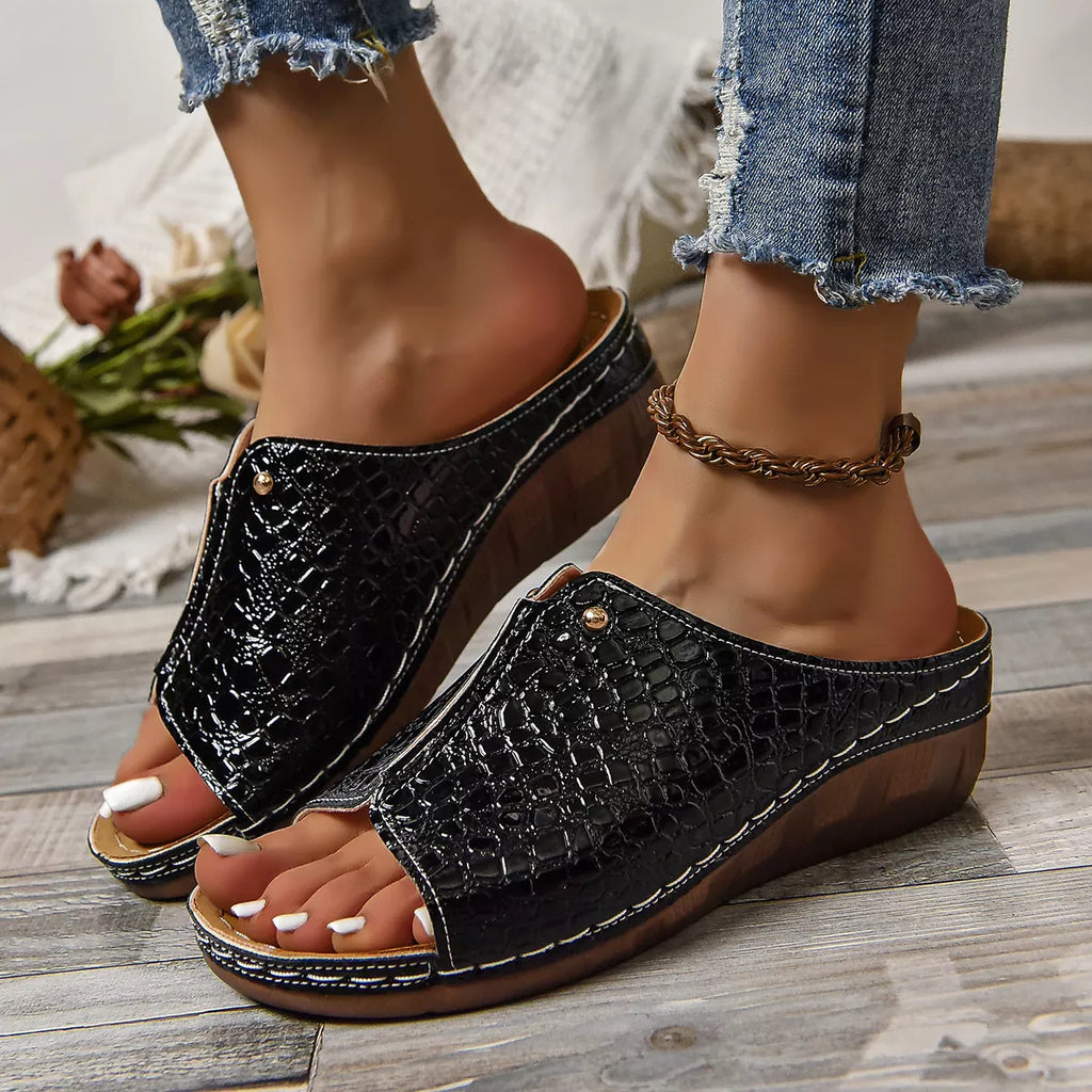 Crocodile-Embossed Wedge Sandals