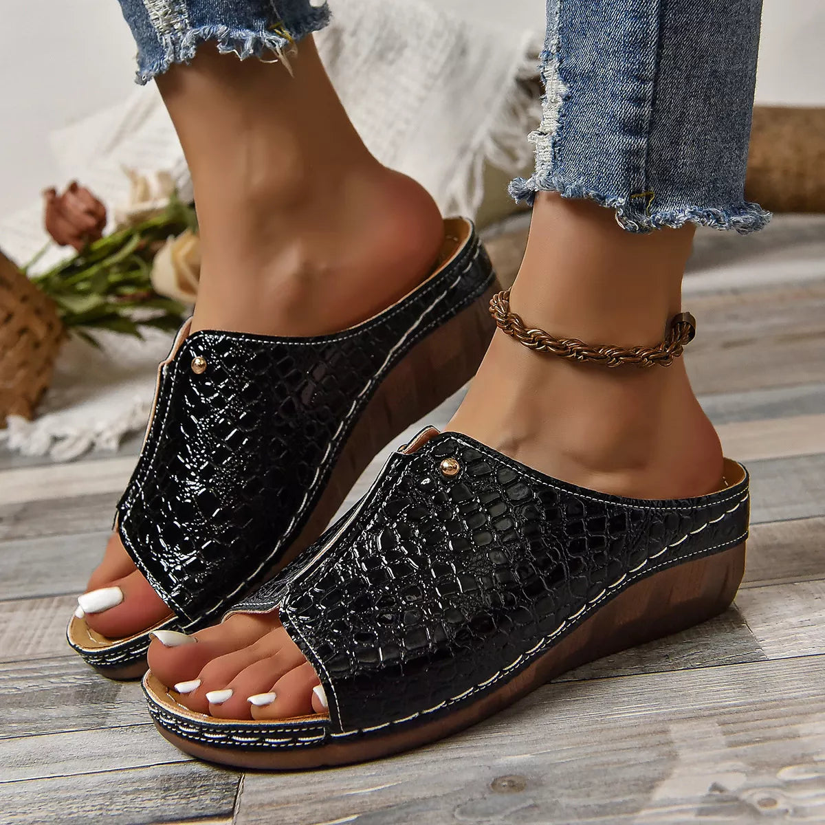 Crocodile-Embossed Wedge Sandals