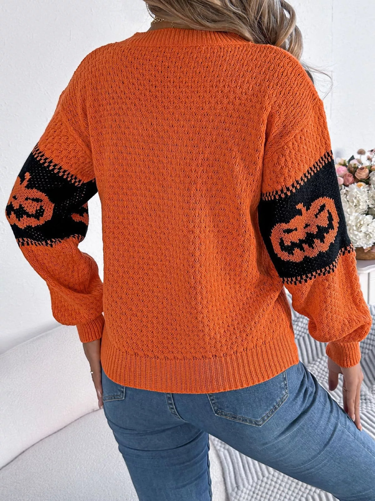Halloween Pumpkin Pattern Round Neck Sweater