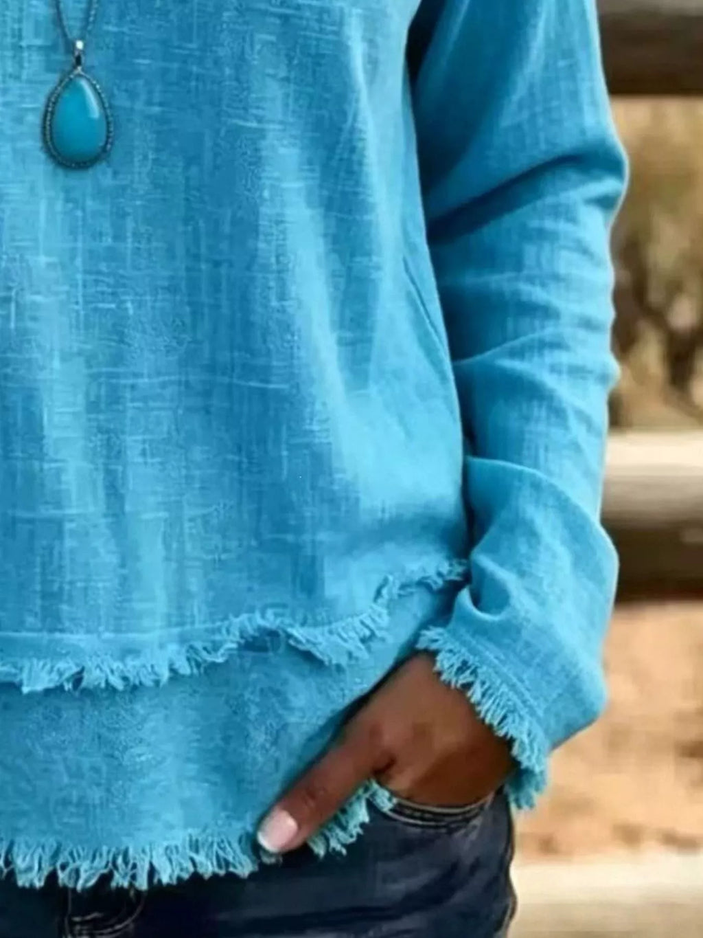 V-Neck Long Sleeve Blouse with Frayed Hem Detail