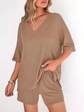 Solid Color V-Neck and Shorts Set