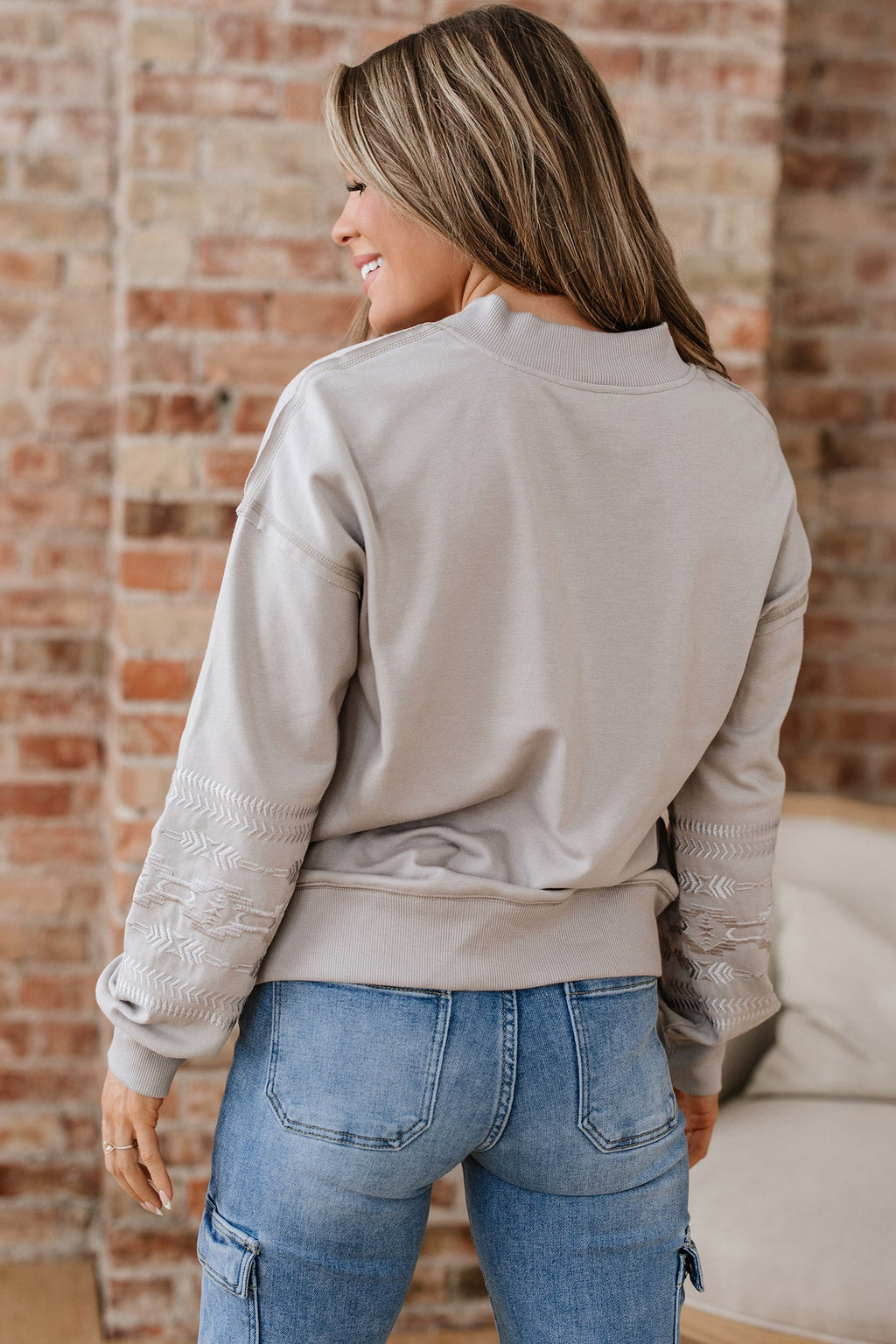 Western Aztec Embroidered Sleeve V-Neck Sweatshirt