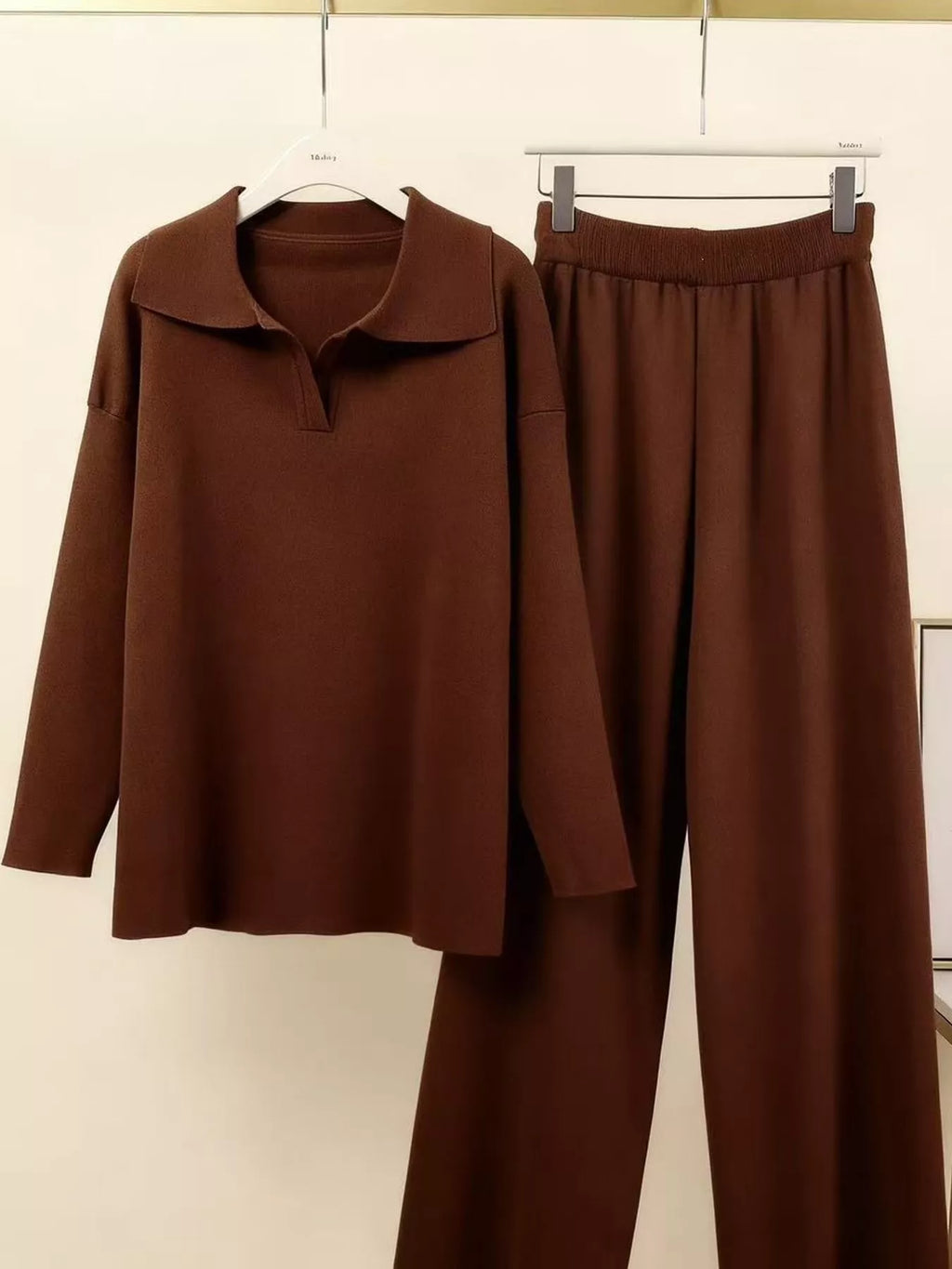 Polo Collar Top and Wide-Leg Pants Set