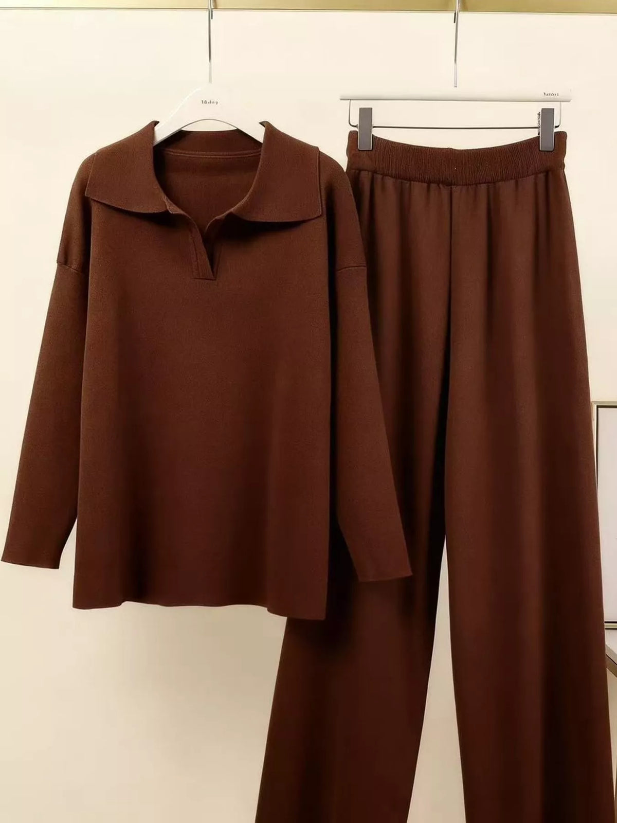 Polo Collar Top and Wide-Leg Pants Set