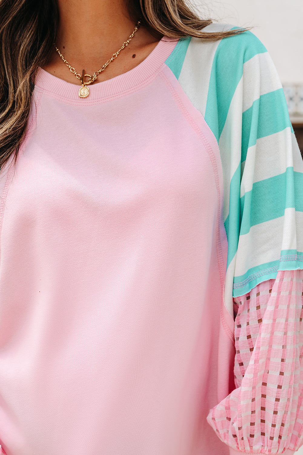 Bonbon Striped Colorblock Patchwork Raglan Pullover Top with Slits
