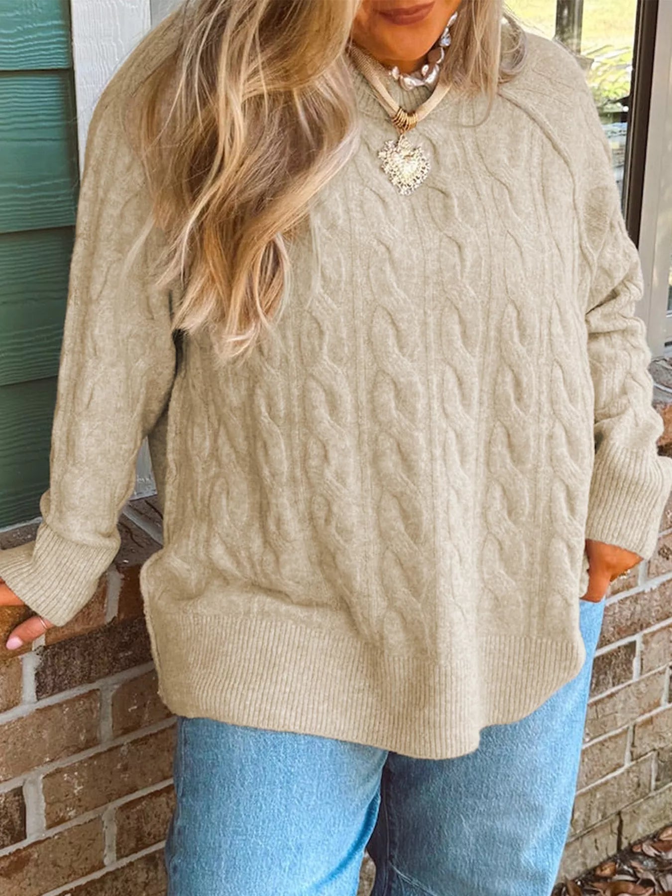 Plus Size Oversized Cable Knit Long Sleeve Round Neck Sweater