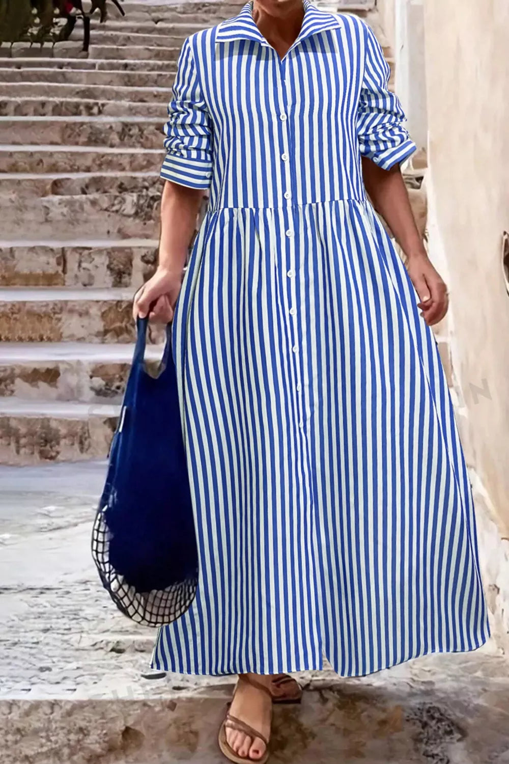Striped Long Sleeve Maxi Shirt Dress