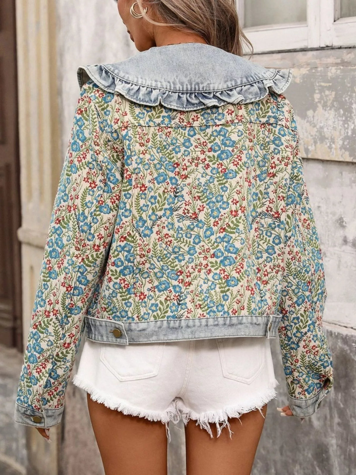 Floral Ruffle Collar Denim Jacket