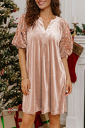 Light French Beige Embroidered Sleeve Velvet Mini Shift Dress