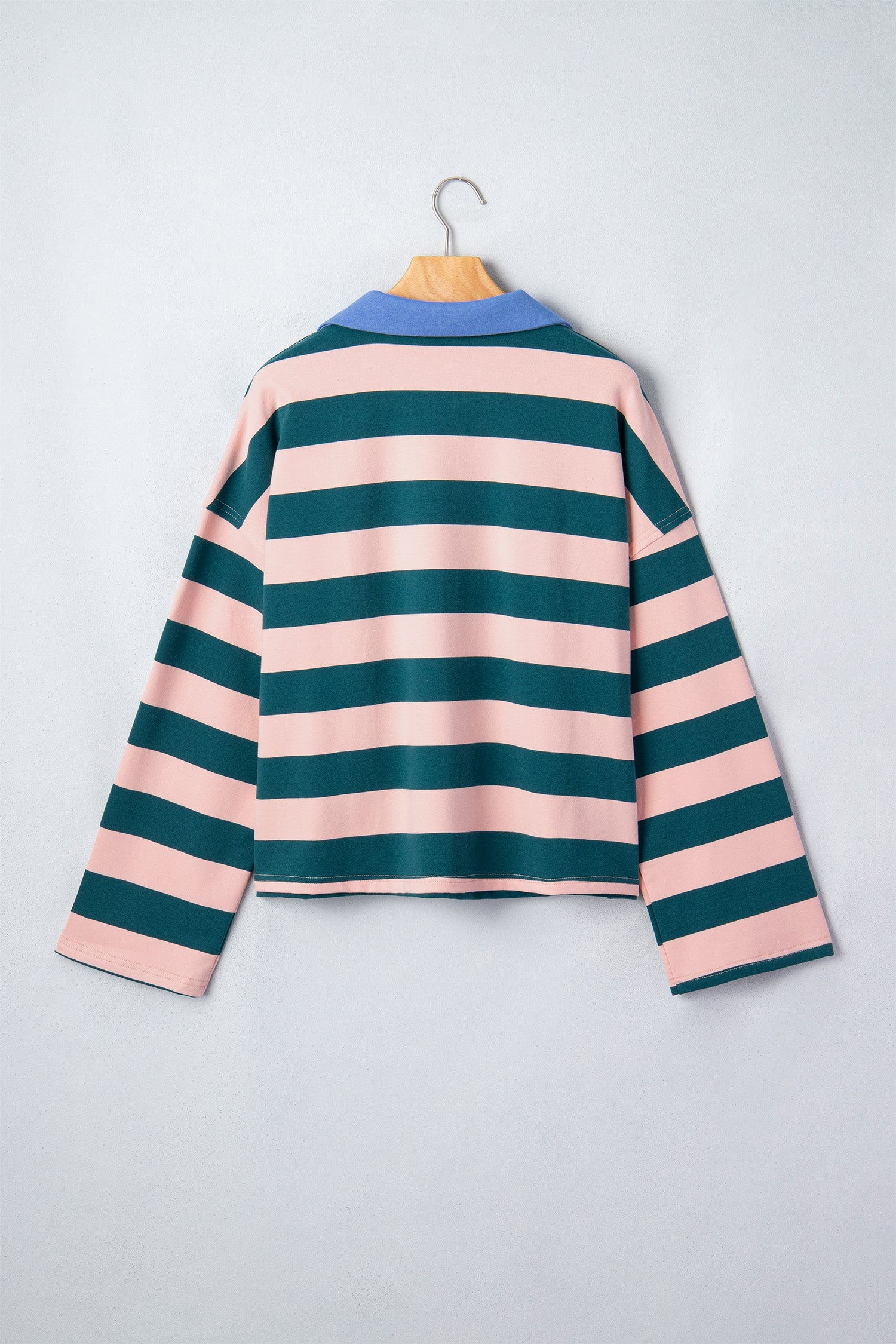 Green Stripe Quarter-Zip Metal Zipper Cover Stitch Hem Top