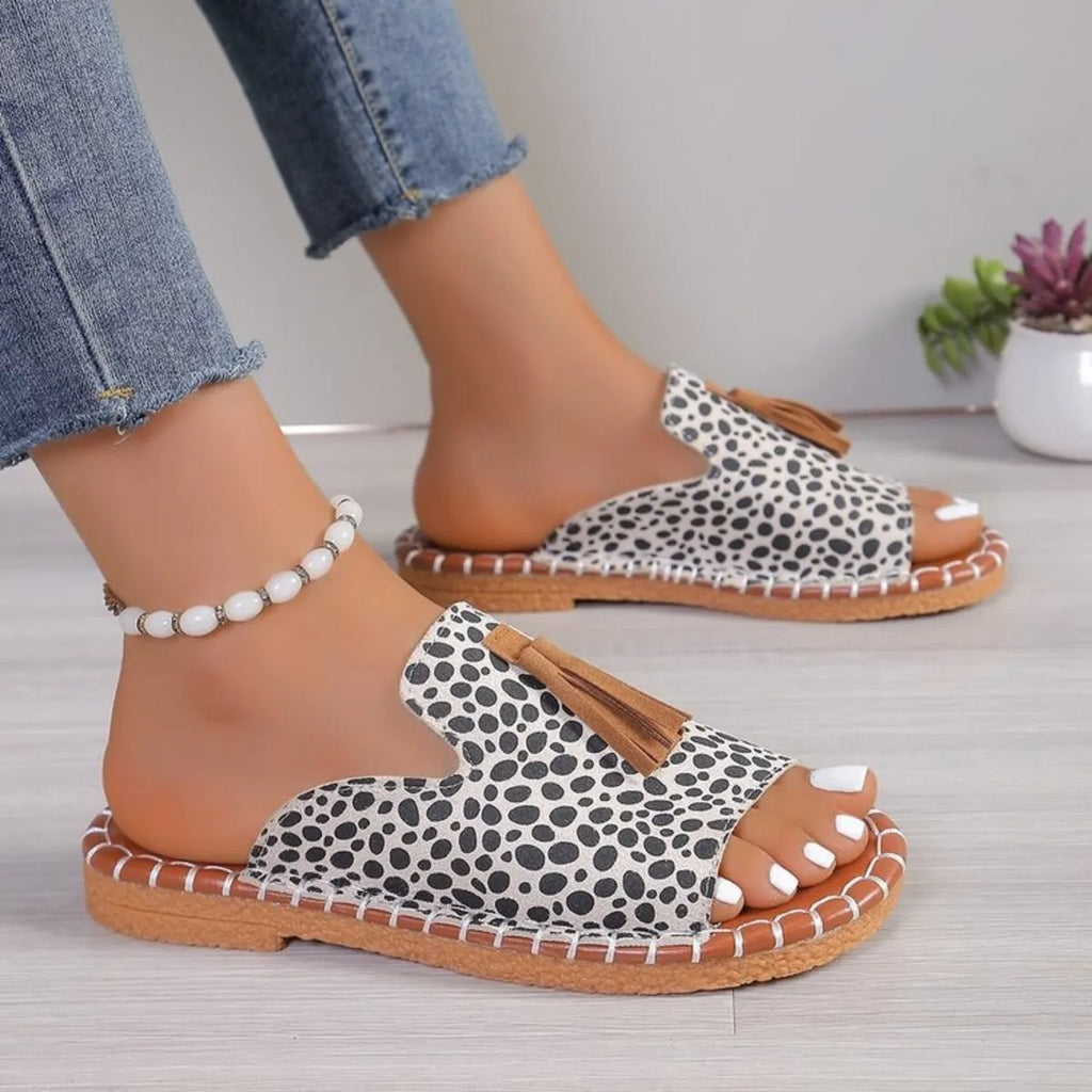 Leopard Print Tassel Flat Sandals