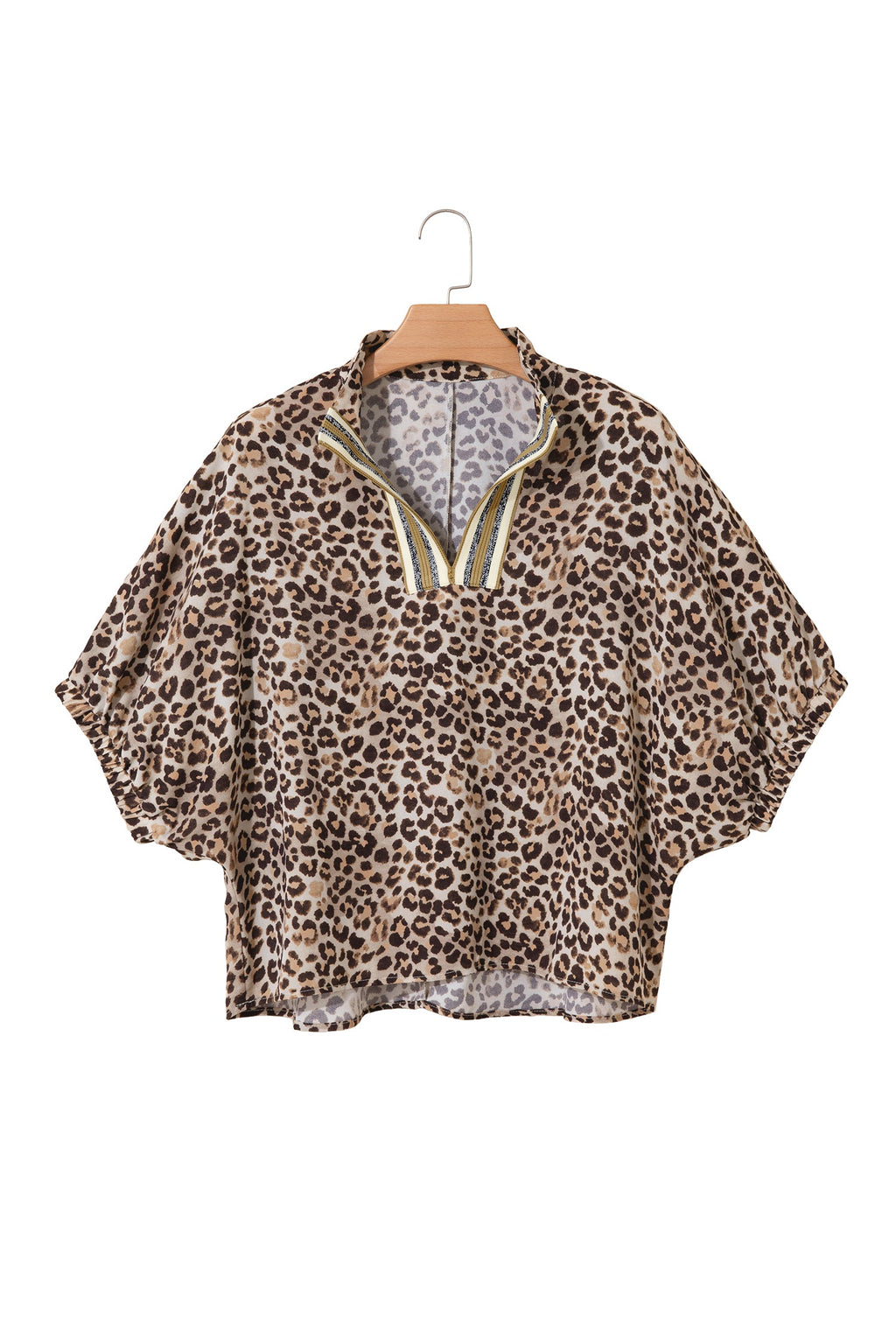 Leopard Contrast Trim V Neck Half Sleeve Western Dolman Blouse