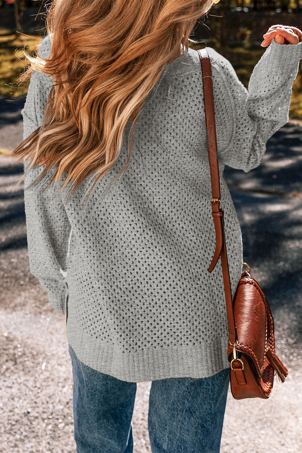 Solid Eyelet V-Neck Drop Shoulder Sweater