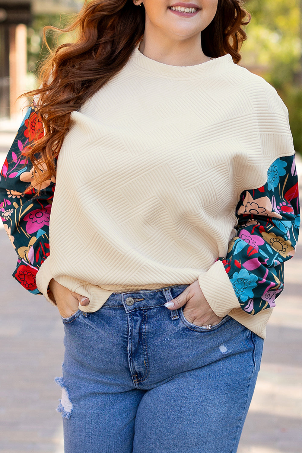 Plus Size Floral Patchwork Sleeve Textured Top