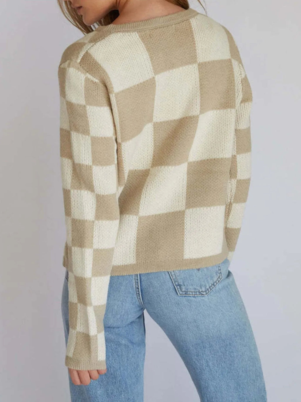 Checkered Tie-Front Cropped Knit Cardigan