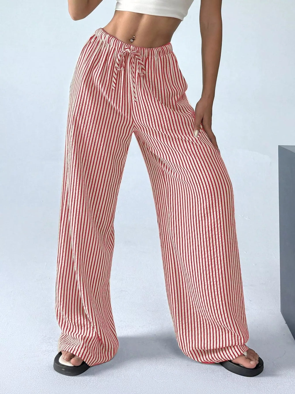Full Size Striped Drawstring Waist Wide Leg Pants Plus Size