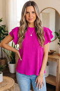 Rose Red Solid Color Textured Ruffle Trim Short Sleeve Blouse