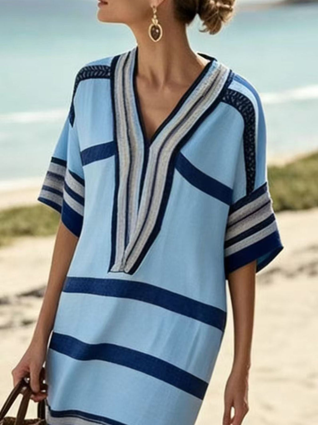 Striped Half Sleeve Midi Dress