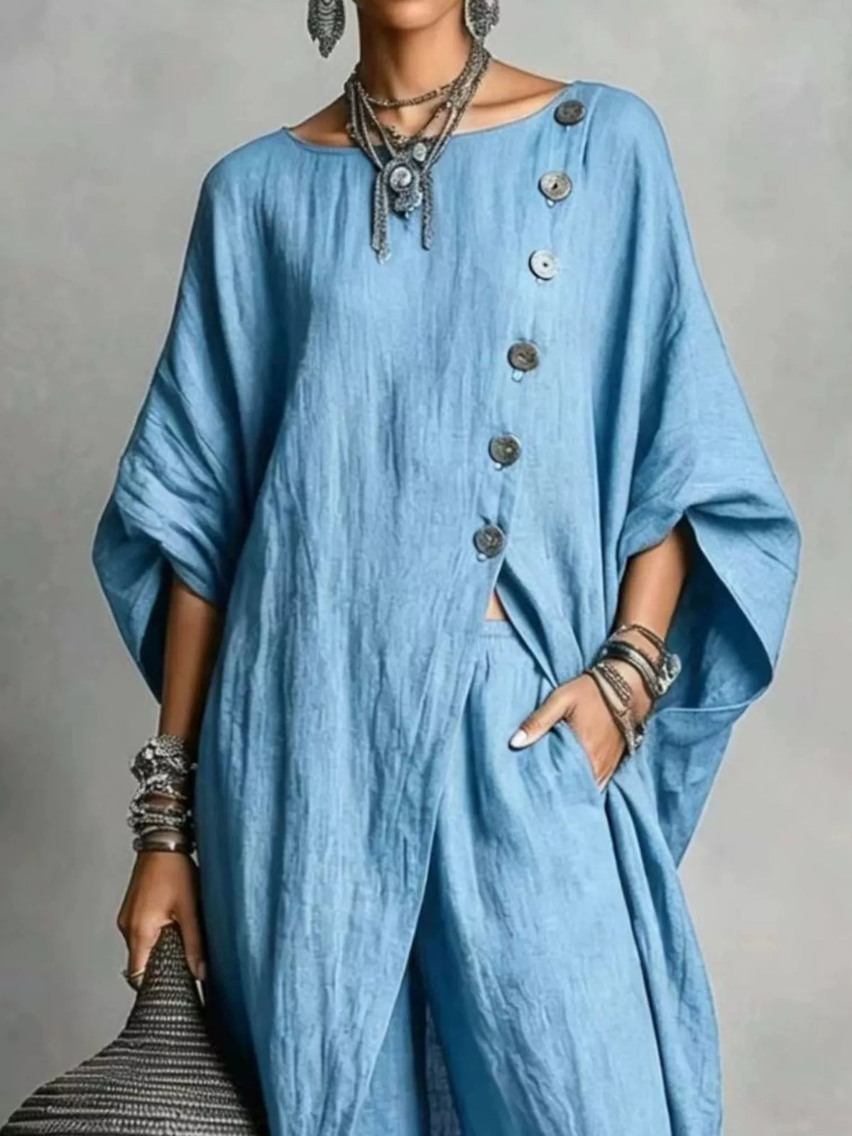 Full Size Asymmetric Button-Down Top and Wide-Leg Pants Set Plus Size