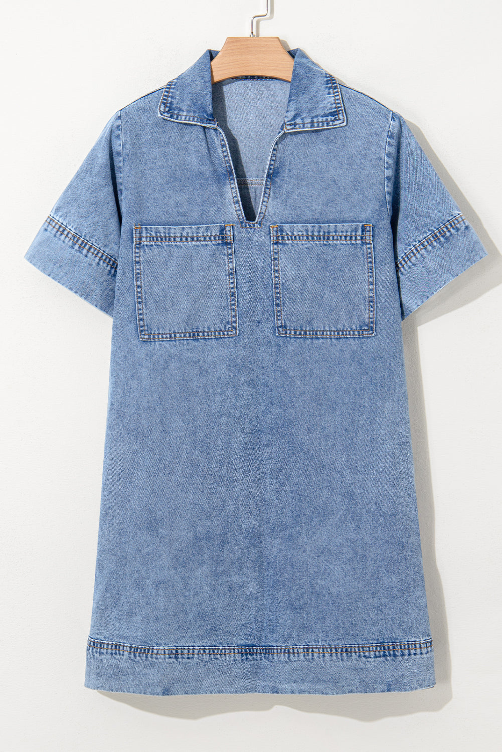 Solid Denim Collared Patch Pocket Mini Dress