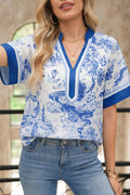 Blue Wild Animal Paradise Contrast V Neck Raglan Sleeve Blouse