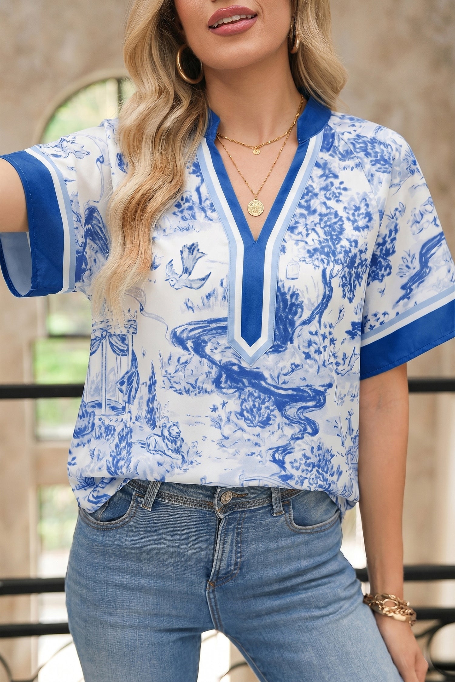 Blue Wild Animal Paradise Contrast V Neck Raglan Sleeve Blouse
