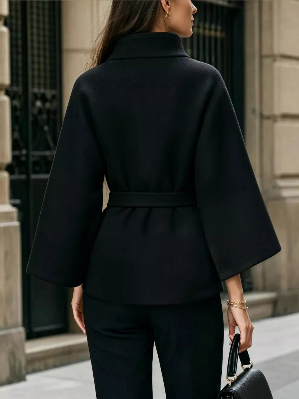 Button Down Cape Coat with Belted Waist