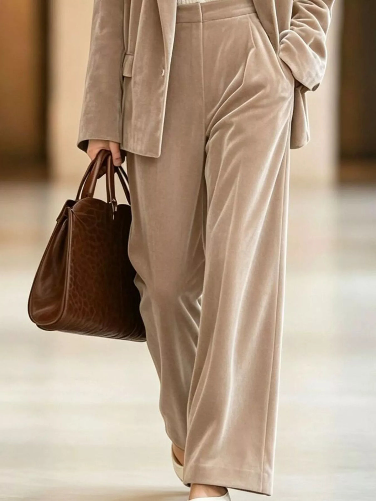 Velvet Blazer and Wide-Leg Pants Two-Piece Set