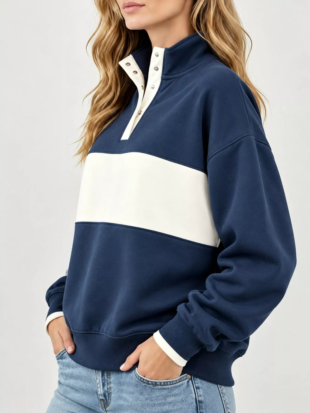 Full Size Color Block Snap-Button Sweatshirt Plus Size