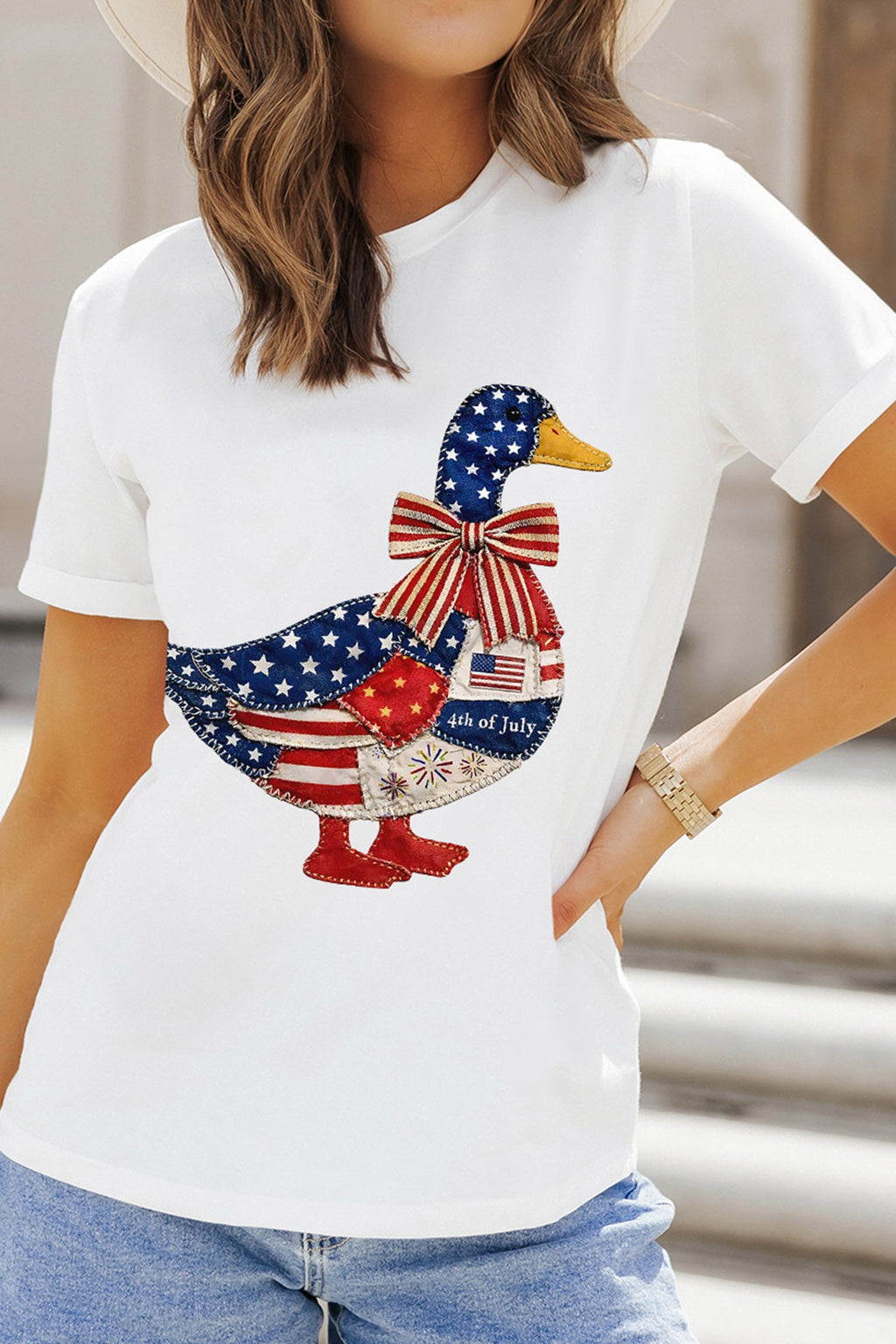White Patriotic Patchwork Print Duck Graphic Tee