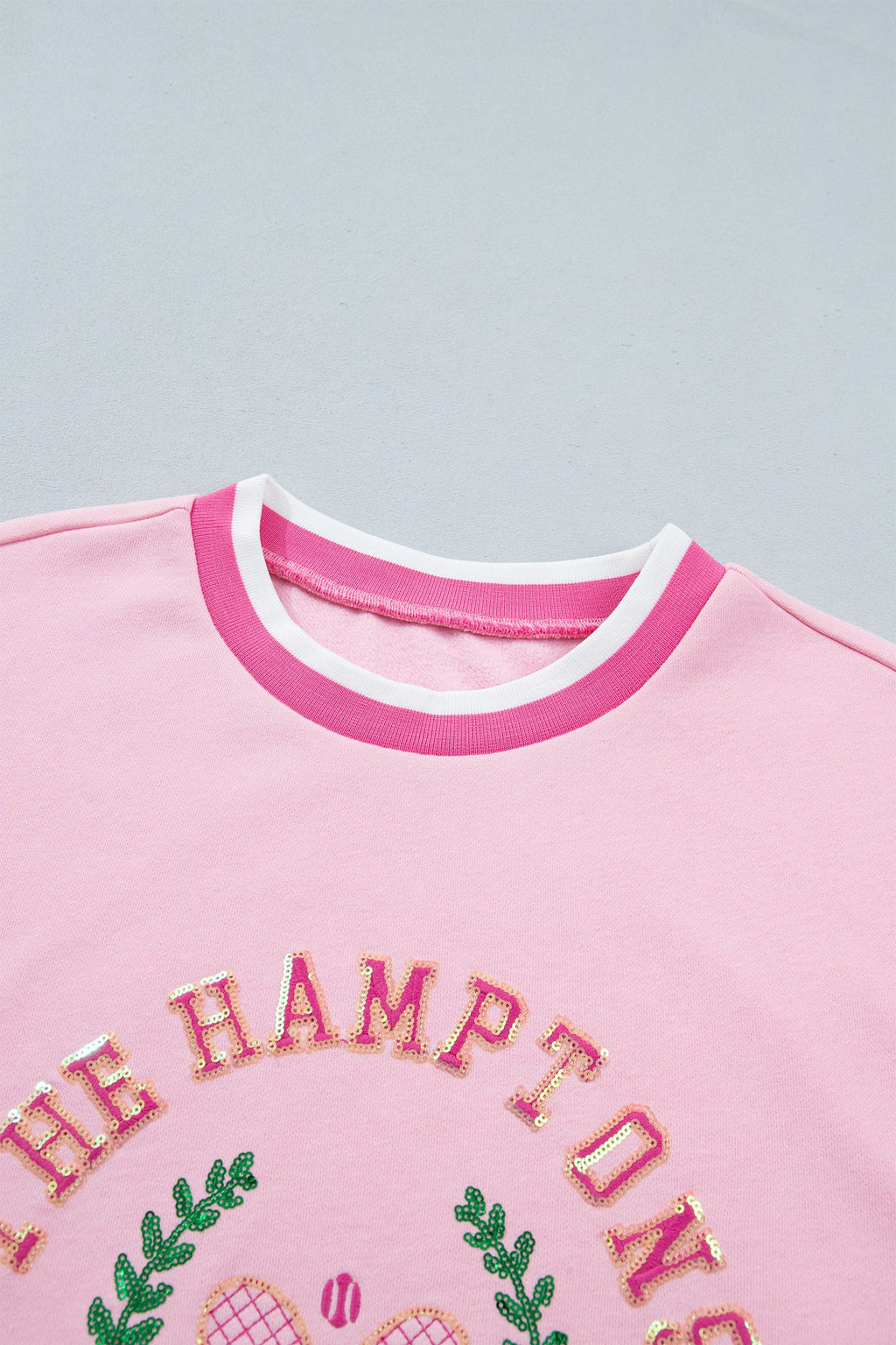 Pink Embroidered Tennis Club Crew Neck Pullover Sweatshirt