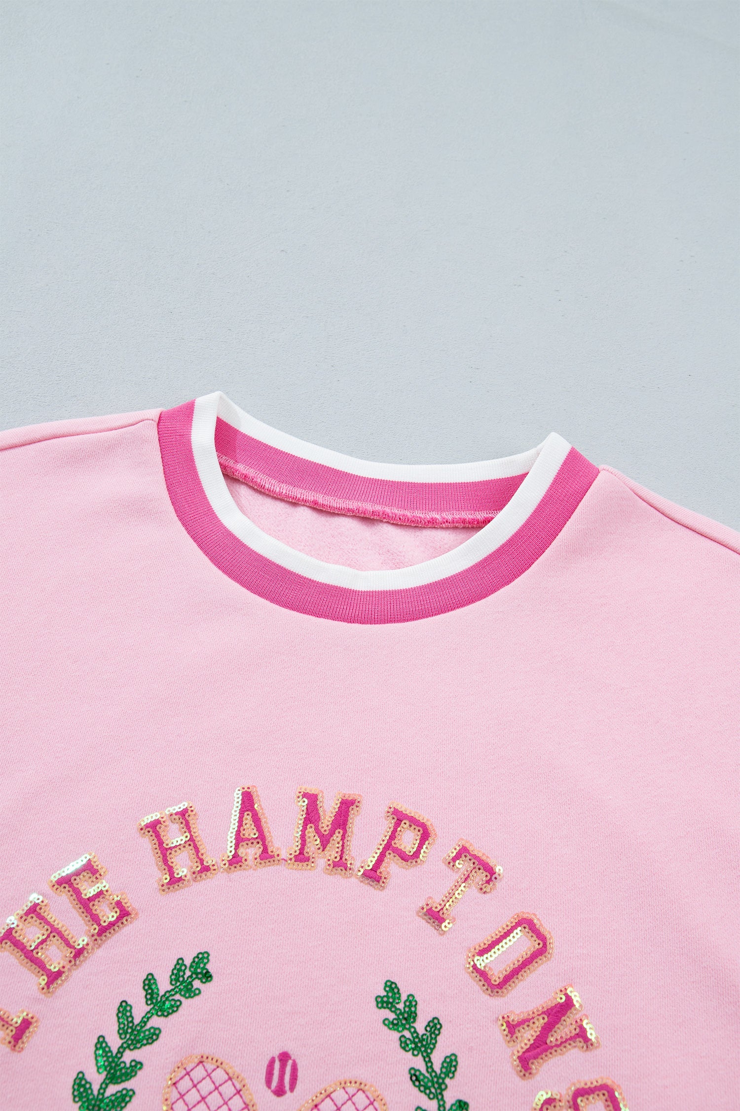 Pink Embroidered Tennis Club Crew Neck Pullover Sweatshirt