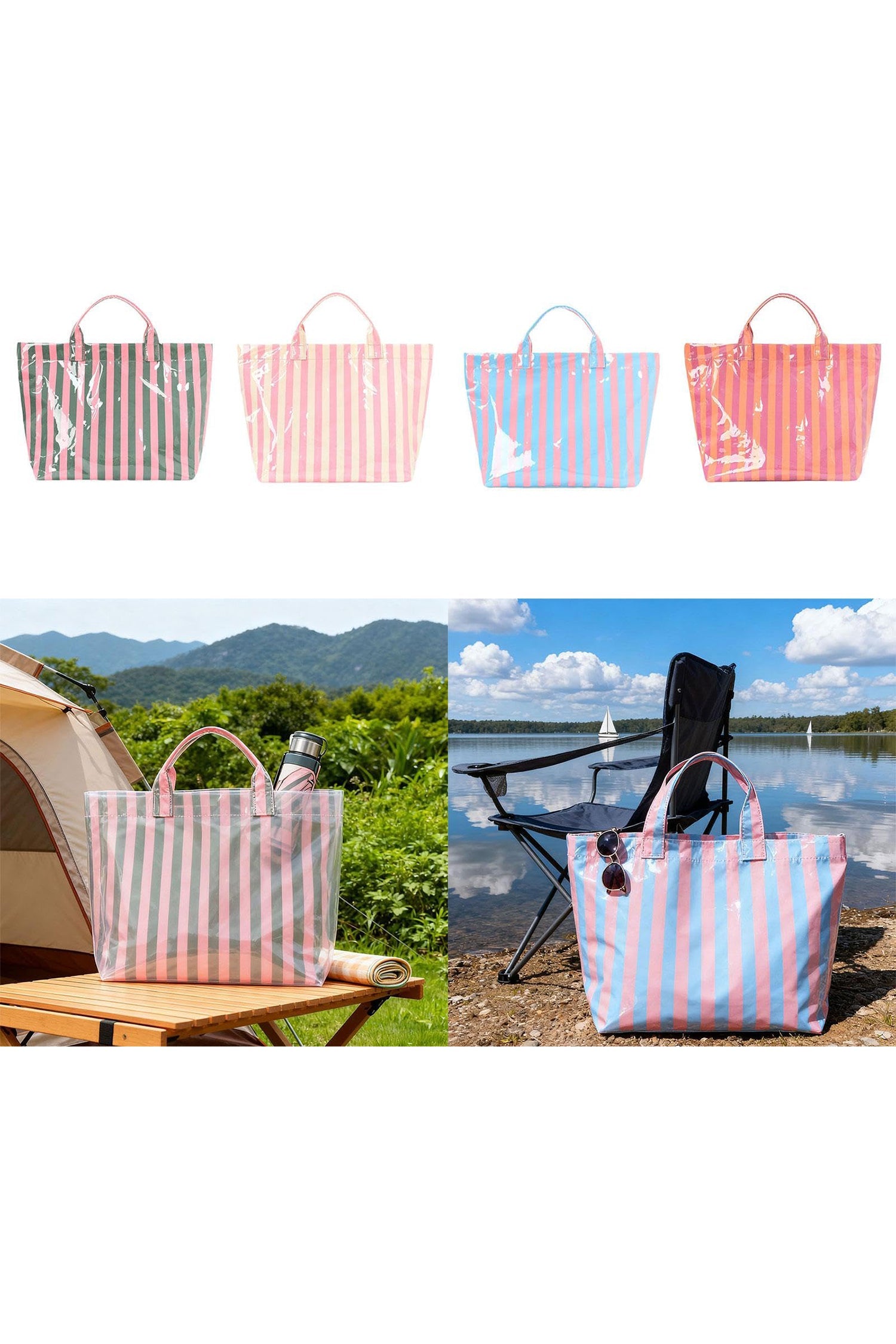 Light Blue Glossy Striped Vinyl Large Tote Bag