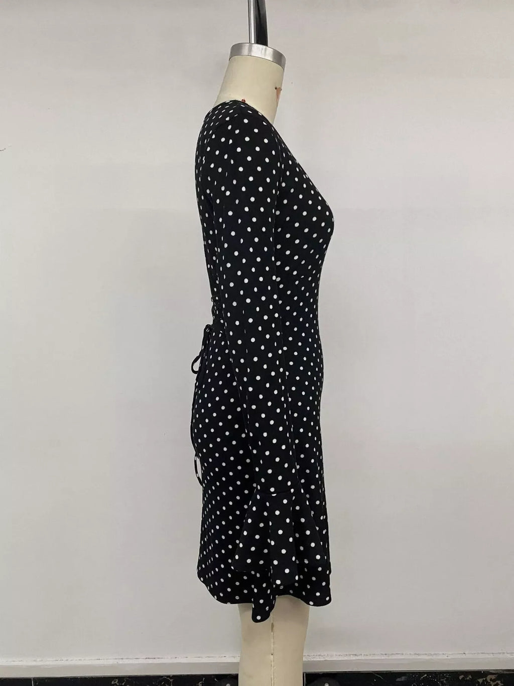 Polka Dot Long Sleeve Ruffle Hem Mini Dress